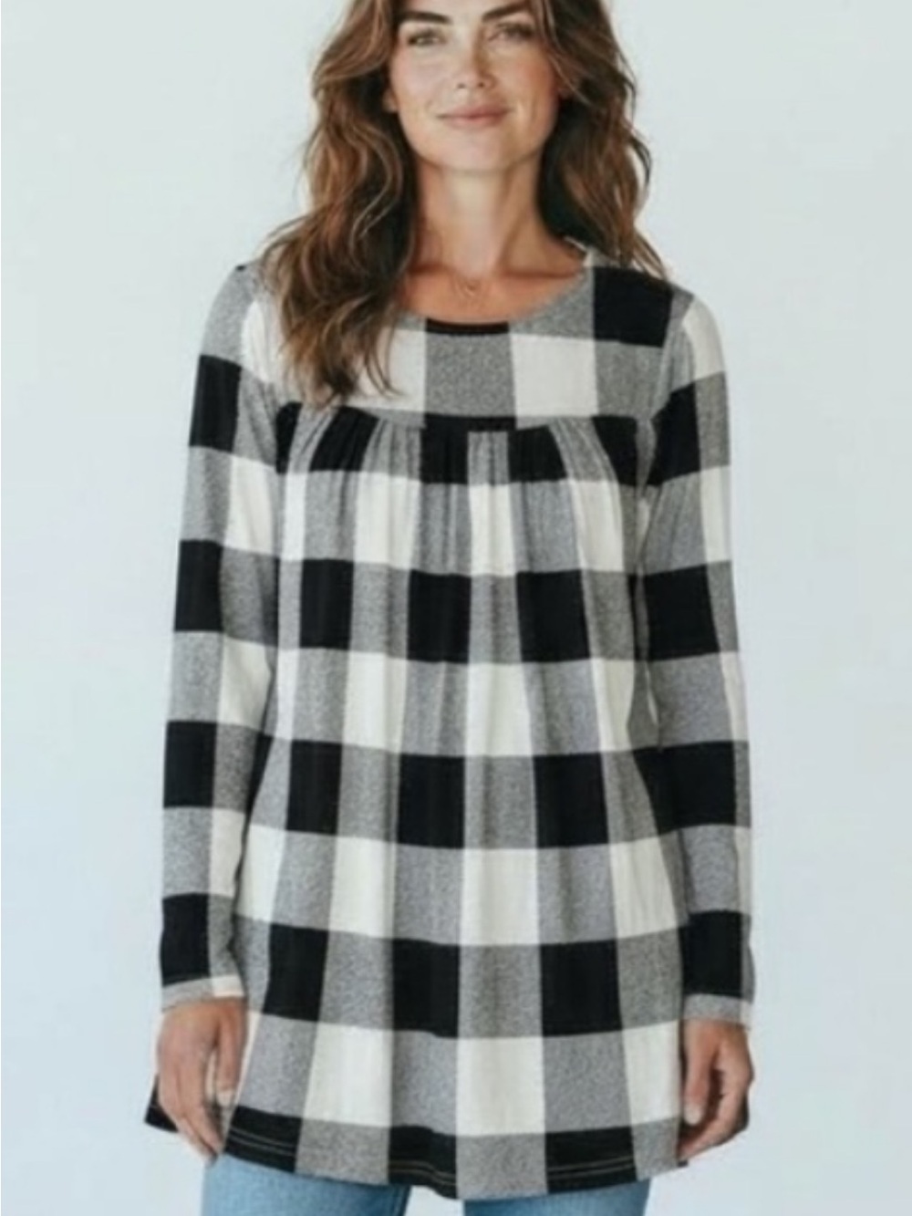 Women’s Cathy Black and White Buffalo Plaid Tunic Top Size Medium